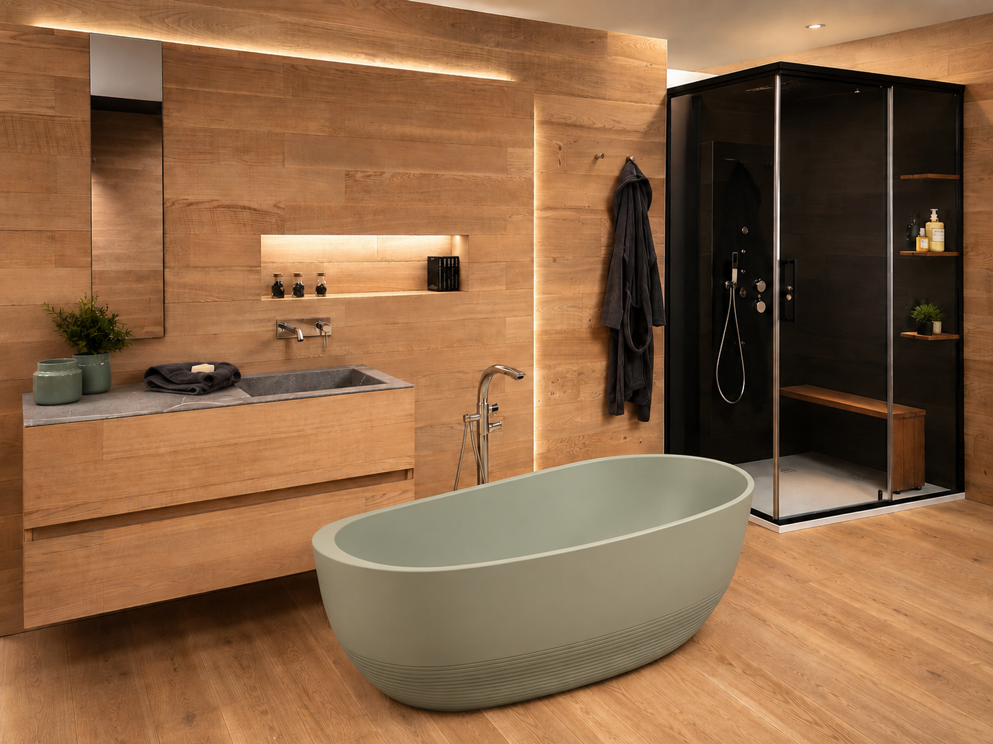 Bagno wellness Nordic Spa con vasca Aura Wall, rivestimento in rovere seghettato ITLAS e box doccia Megius con funzione bagno turco